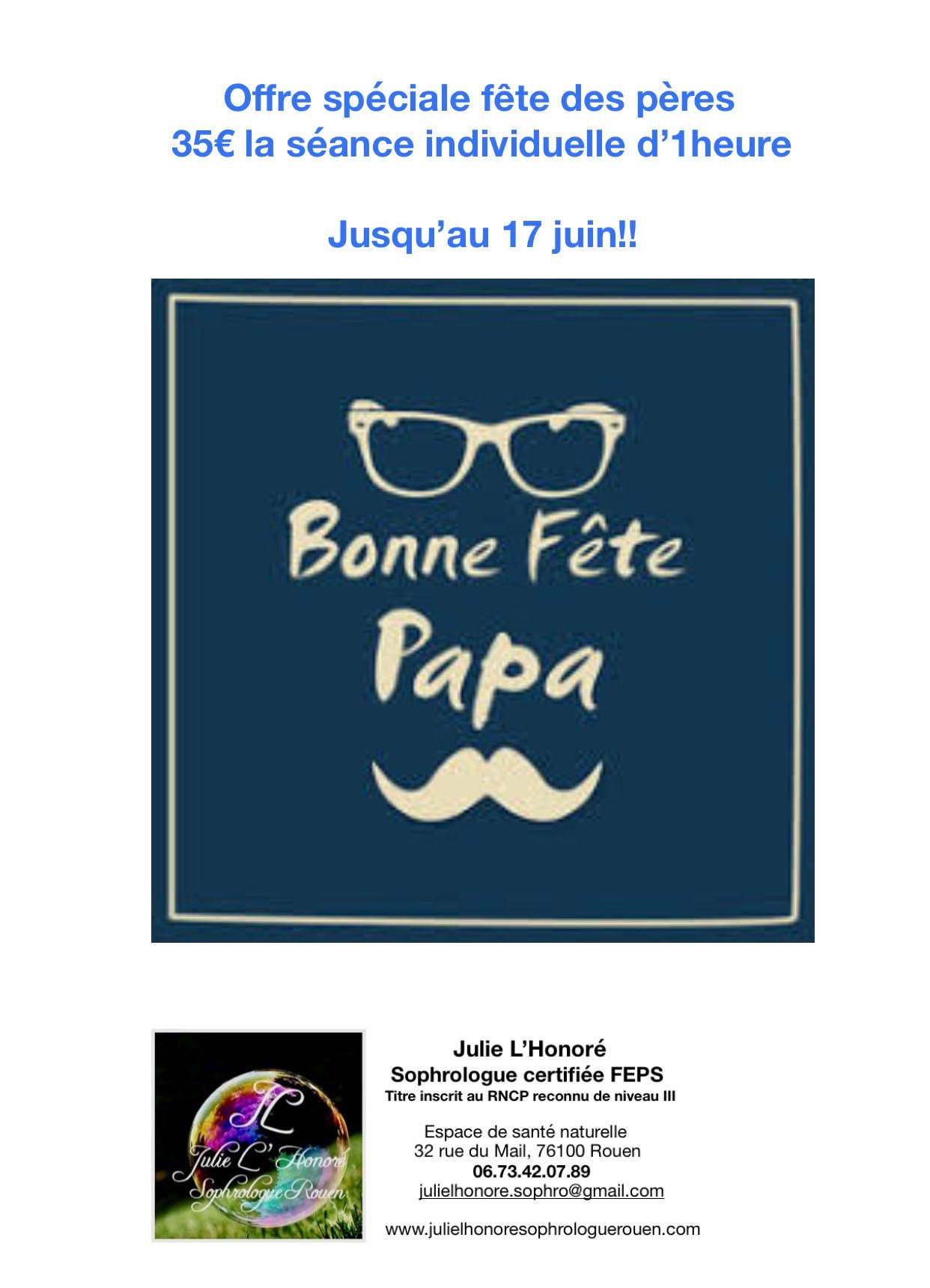 offre spéciale fête des pères Julie L’Honoré Sophrologue Rouen